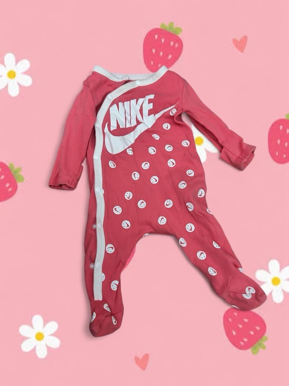 Nike Coral Pink Footed Baby One-Piece with Smile Dots